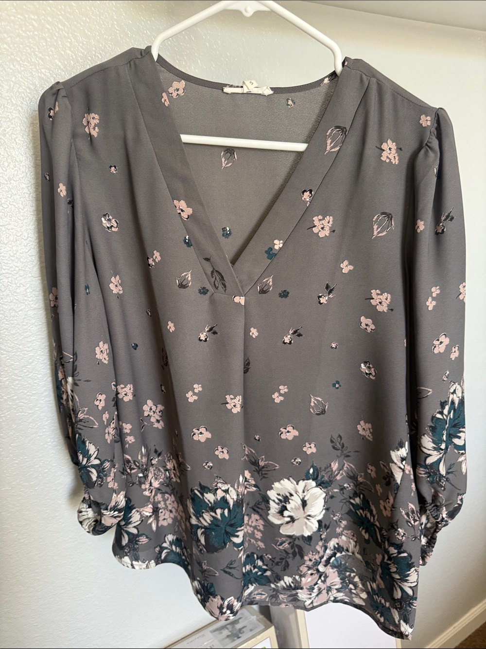 Maurices Gray Floral V-Neck Blouse with Pink & Teal Accents
